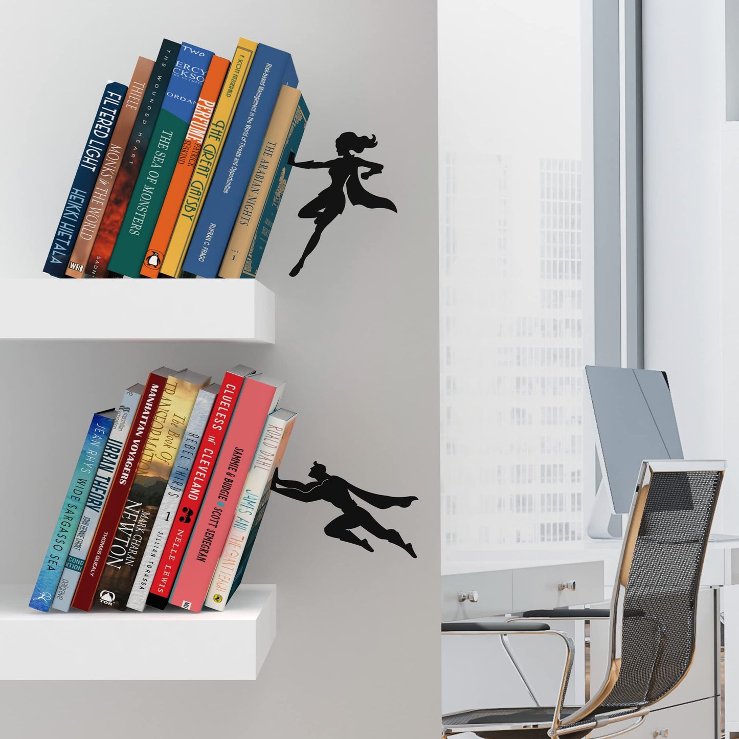 Artori Design Book Ends to Hold Books Heavy Duty Hidden Metal Bookends for Shelves Bookend Book Holder for Home Decorative Gift for Book End Lovers and Home Décor (Supergal+Book&Hero)