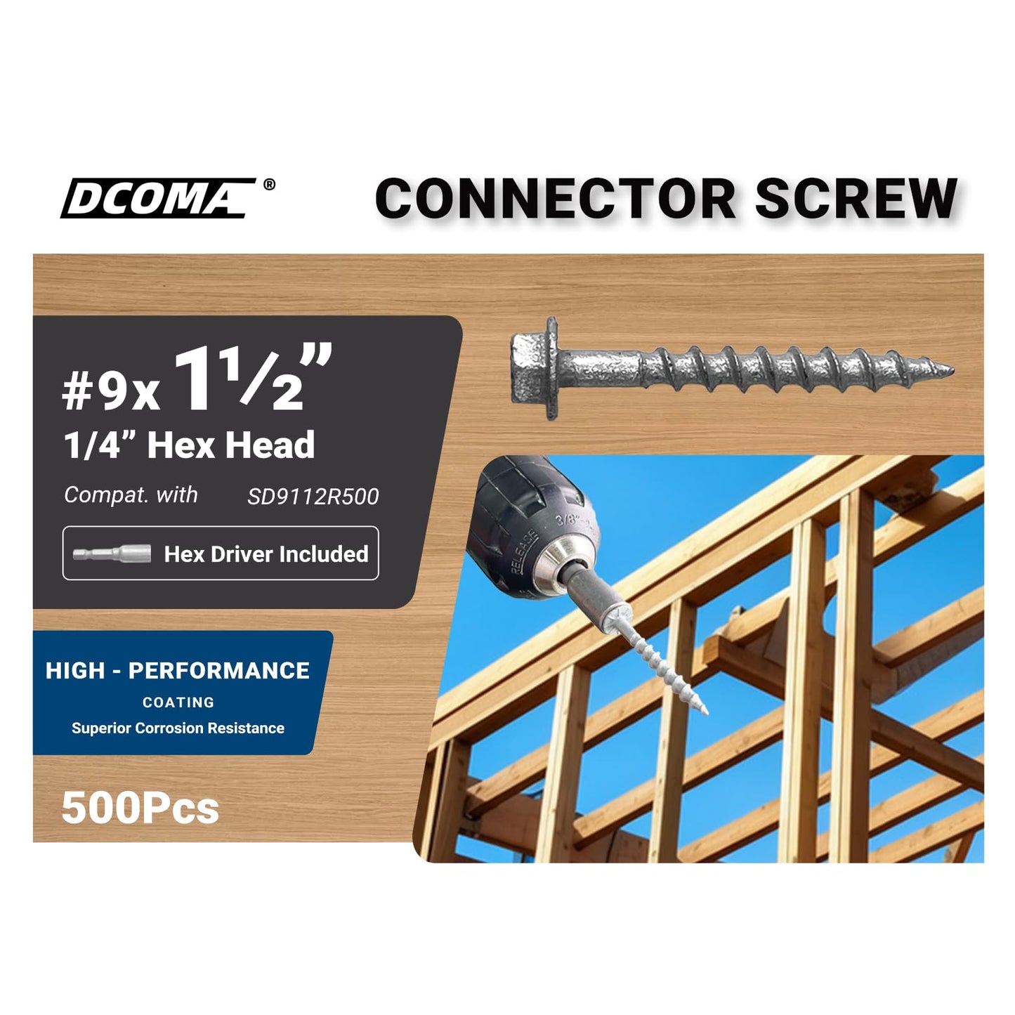 DCOMA SD Connector Screws, #9 x 1-1/2" Heavy-Duty Joist Hanger Screws, 1/4" Hex Head with 0.370"-Dia, Replace 10D Nails, Prem-Galvanized, Highly Corrosion, Deformation, and Wear-Resistant. (500-Qty)