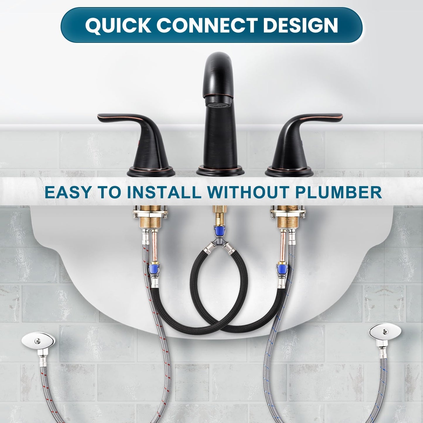 Aleasha Bathroom Sink Faucet 3 Holes Oil Rubbed Bronze, Widespread Bathroom Faucet, Washroom Faucets with Pop Up Drain, Washroom Sink Faucets with 304 Stainless Steel Lead-Free Hose
