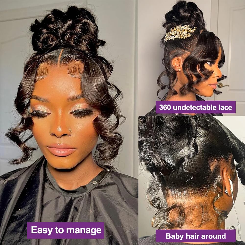 Uonoco 360 Lace Front Wigs Human Hair Pre Plucked 360 HD Full Lace Frontal Black Wigs Human Hair Pre Plucked Body Wave Transparent Lace Front Wigs Human Haiir for Women With Baby Hair 20 Inch