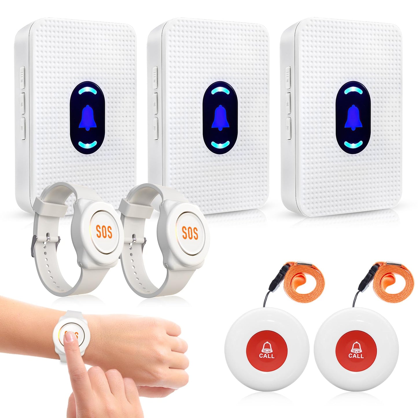 Daytech Wireless Caregiver Pager Call Button Elderly Nurse Alert System for Elderly Monitoring/Seniors with 2 SOS Call Panic Buttons & 2 Watch Pagers, 500+Feet 3 Receivers