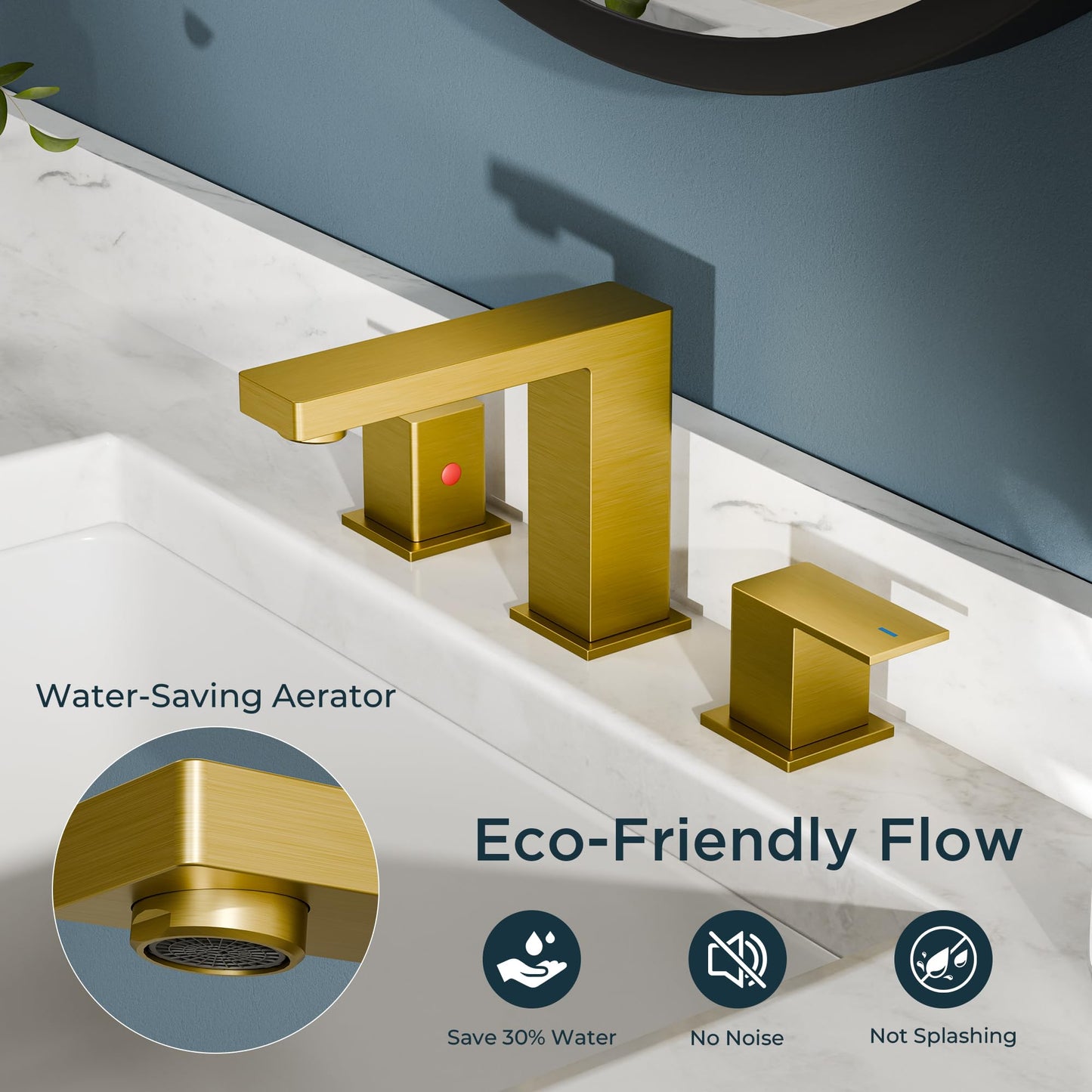 FORIOUS Brushed Gold Bathroom Vanity Faucet 3 Hole, 8 Inch Widespread Square Bathroom Sink Faucet with Metal Pop-Up Drain and cUPC Supply Lines Included for Restroom, Lavatory, Basin Sink