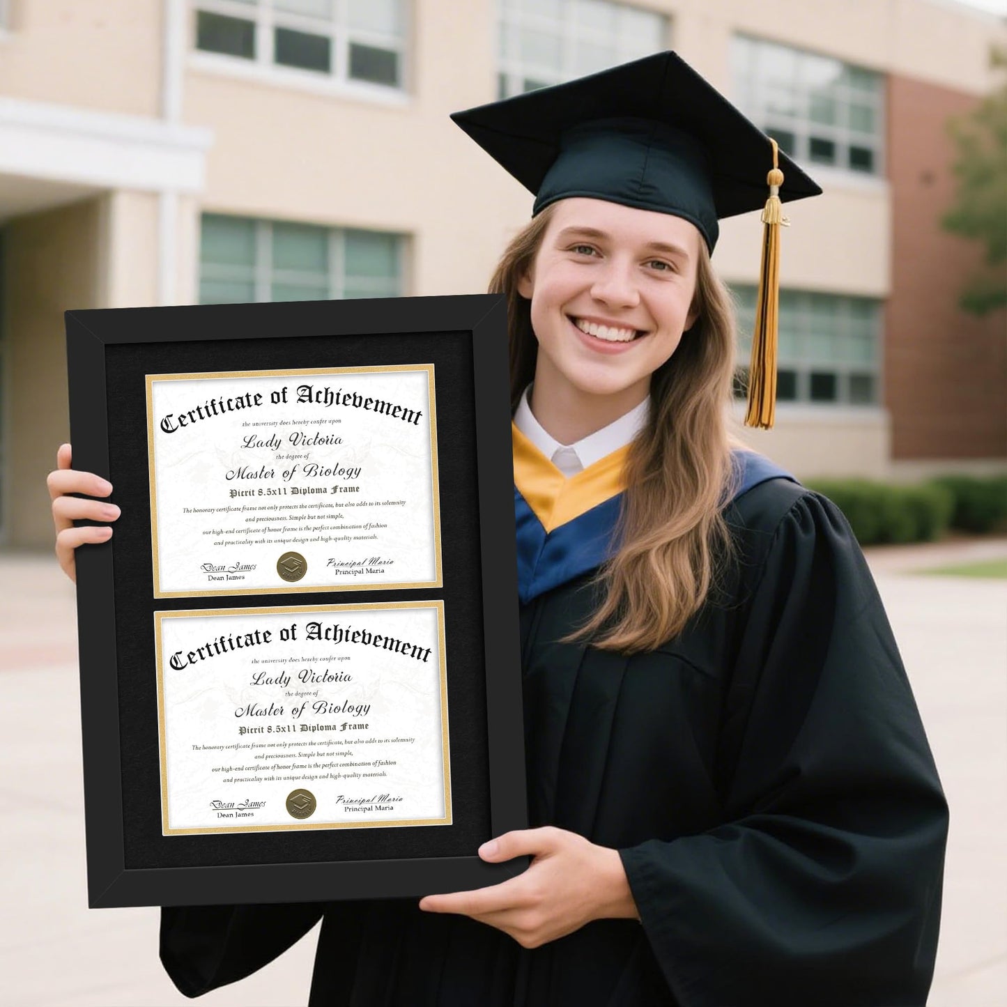 Picrit Double 8.5x11 Black Wood Diploma/Document Frame with Tempered Glass & Black over Gold Mat, and Display 14x20 Degree Certificate Frame without Mat for Wall, 1 pack