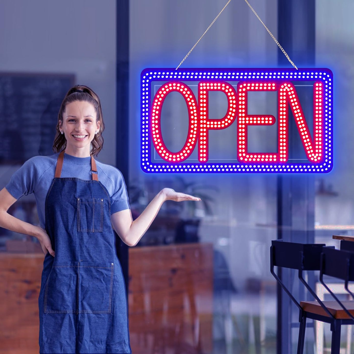SHZHYIS 16.5"x9" Horizontal LED Open Sign for Business - Ultra Bright & Dimmable Store Sign with 4 Scene Modes, Includes Power Adapter - for Storefront, Coffee Shop, Bar, Salon Window