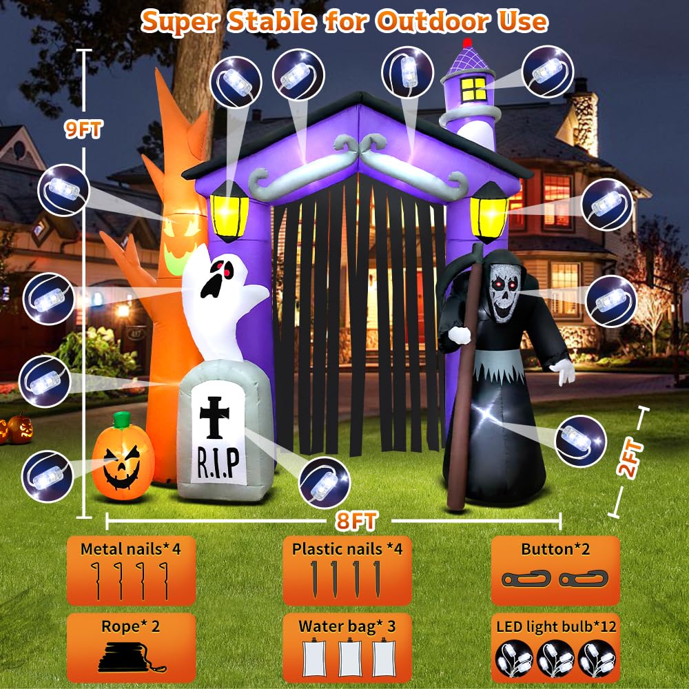 9 FT Halloween Inflatables Haunted House Castle Archway Decoration with Led Light Halloween Inflatables Outdoor Decorations Blow up Inflatables for Halloween Holiday Party Lawn Yard Garden Décor