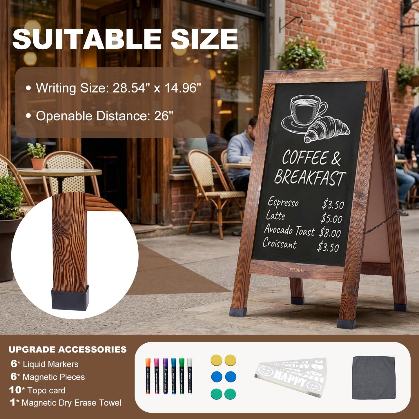 Large Sandwich A-Frame Chalkboard Sign - 40 x 20 Inches Magnetic Wooden Chalk Board for Sidewalk, Stand up Double-Sided Outdoor Easel Display for Restaurant Cafe Shop Wedding Party or Business