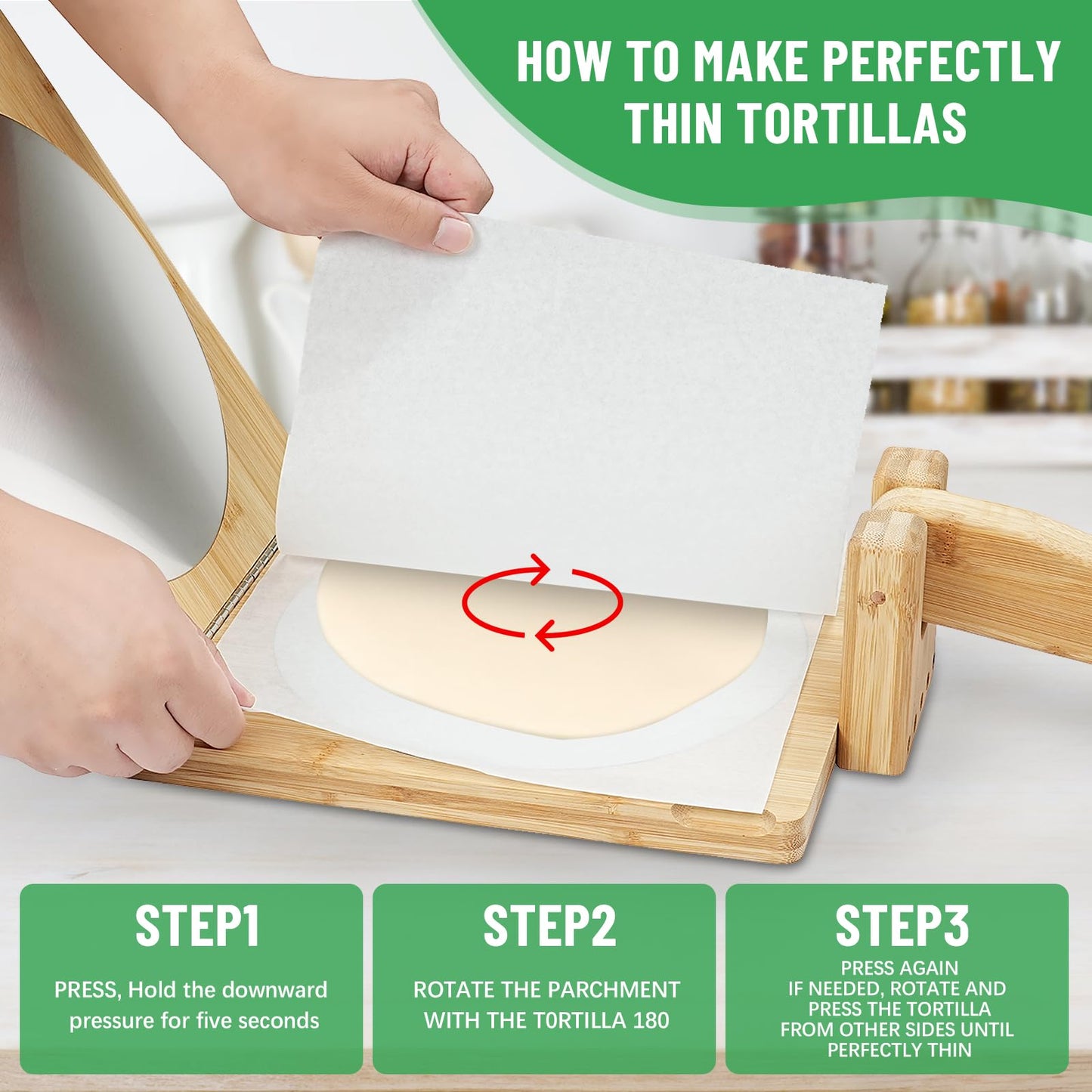Wooden Tortilla Press, 10 inch Roti Maker and Tortilladora with Stainless Steel Patch, Tortilla Maker Press with 50 Pcs Parchment Paper, Heavy Duty Prensa Para Tortillas for Kitchen