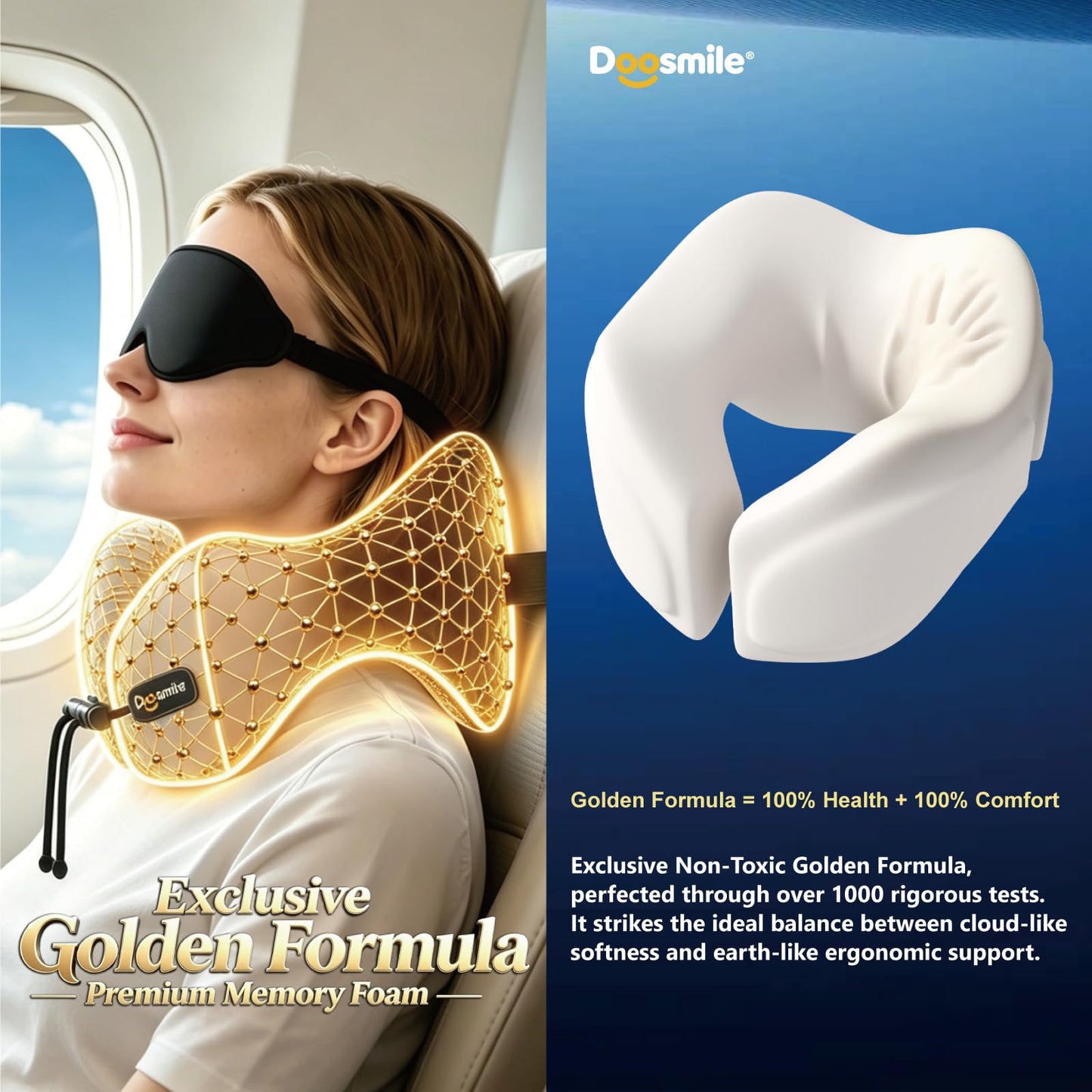 Doosmile Patented Head-Bobble-preventing Ergonomic 360° Supporting Golden Formula Memory Foam Travel Neck Pillow w/3D Contoured Eye Mask Set Long Trip Sleeping Essentials for Airplane Flight Car Bus