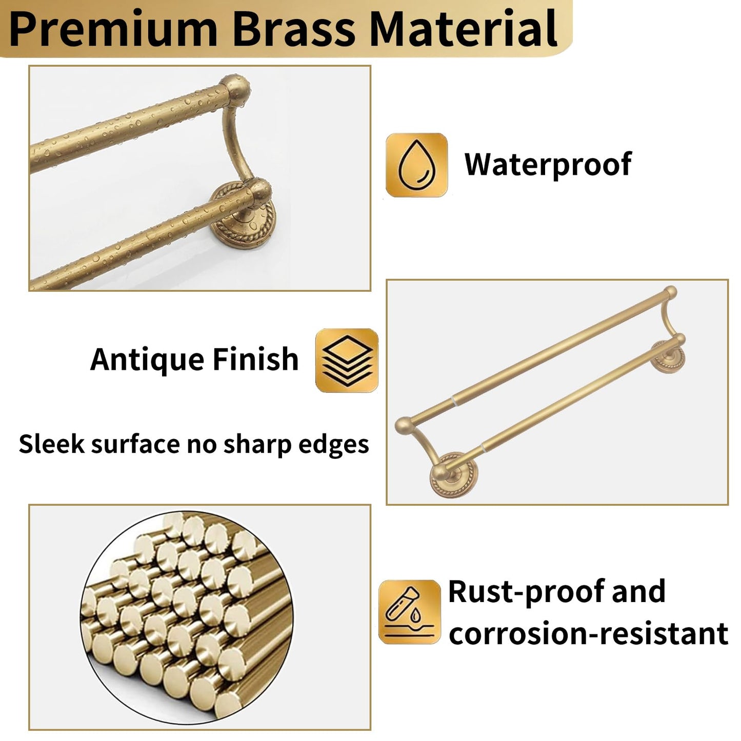 Double Towel Bar, Antique Brass Bathroom Towel Racks Wall Mounted, Adjustable Vintage Gold Towel Bar Fits 16.4 to 27.8 Inch Wall Space, Heavy Duty Rustproof Brass Towel Rod Holder for Kitchen Laundry