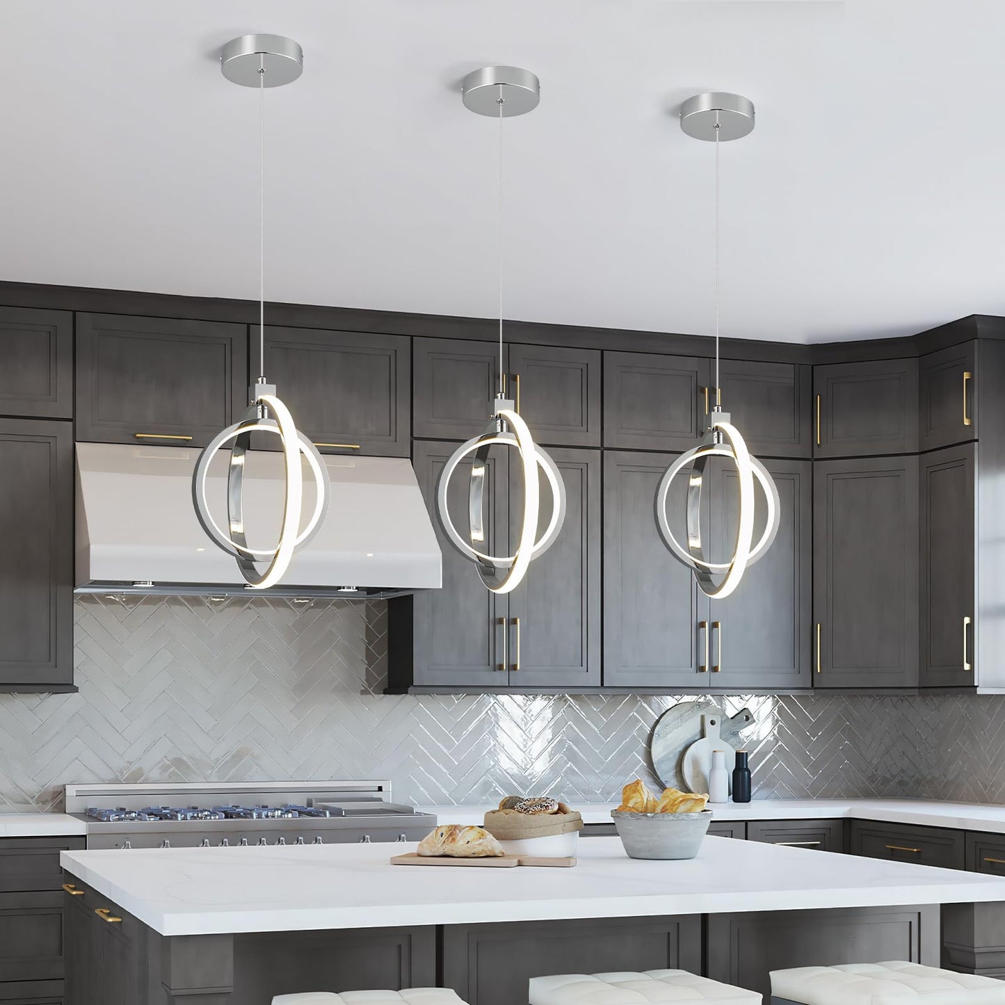 BNHHLZ Modern LED Chandelier Chrome Ring Pendant Light Fixtures 4000K Dimmable Height Adjustable Pendant Lighting for Dining Room Kitchen Island Bedroom Living Room Foyer（1-Pack）…