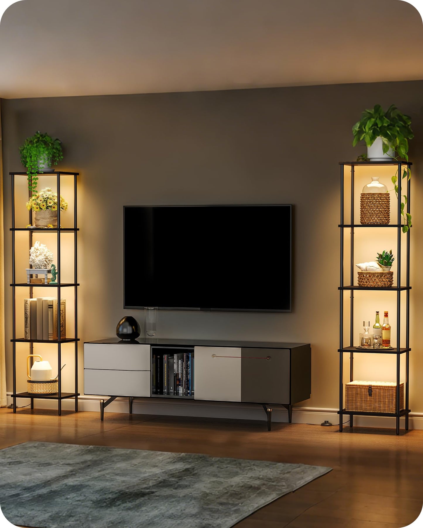 Display Shelf with Light, 5-Tier Shelf Lamp, Corner Floor Lamp with Shelves, Dimmable LED Floor Lamp for Living Room with Remote and Foot Control, 3CCT, Timer, Standing Lamp, Corner Bookshelf B52LD05