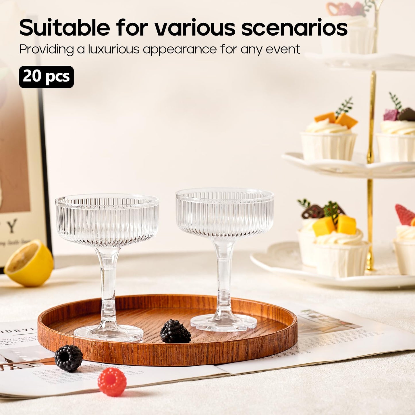 DORONAN 20 Pack Plastic Champagne Tower, 7oz Champagne Coupe Unbreakable Plastic Cocktail Glasses Acrylic Martini Glasses for Wedding Birthday Party Bar, Clear