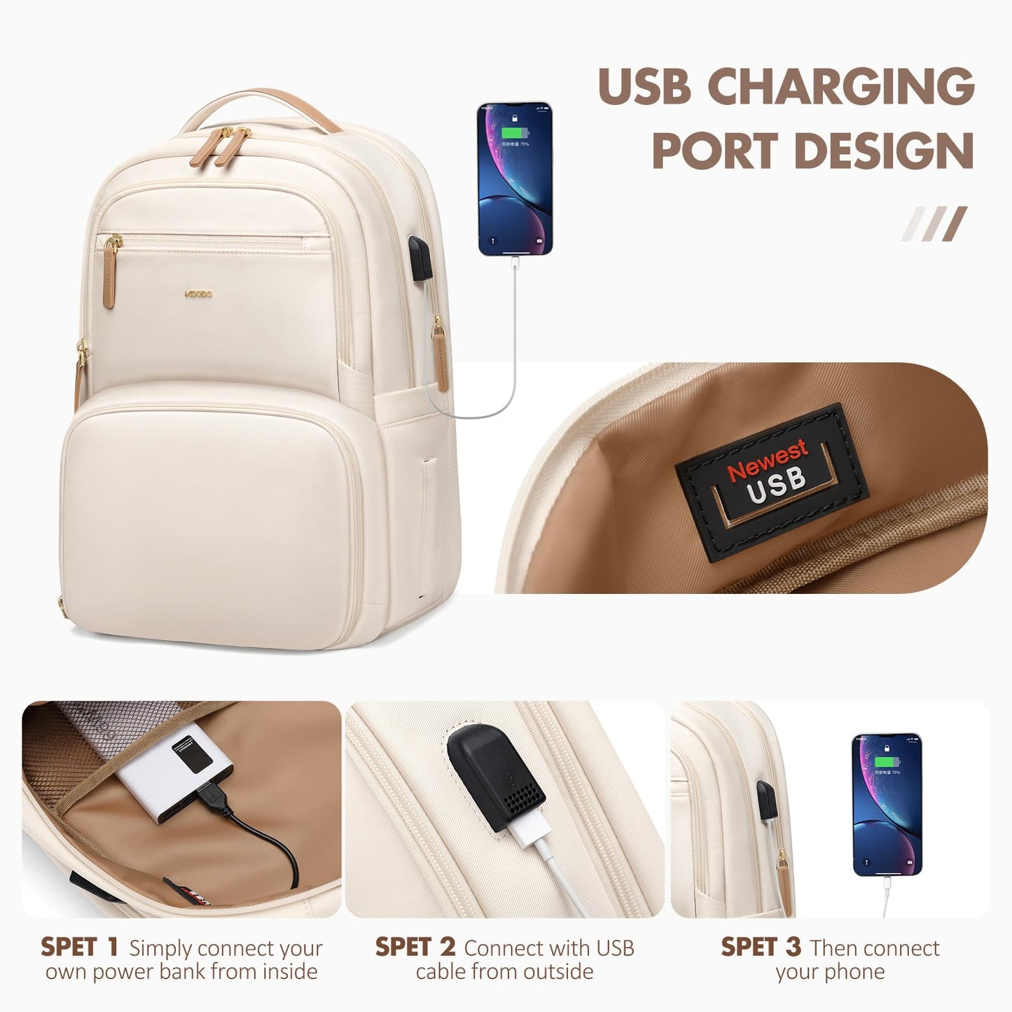 MDODO Lunch Backpack for Women Men,15.6Inch Insulated Lunch Box Backpack with USB Charging Port, Diaper Laptop Back pack for Travel Picnic Work Teacher Nurse,Beige