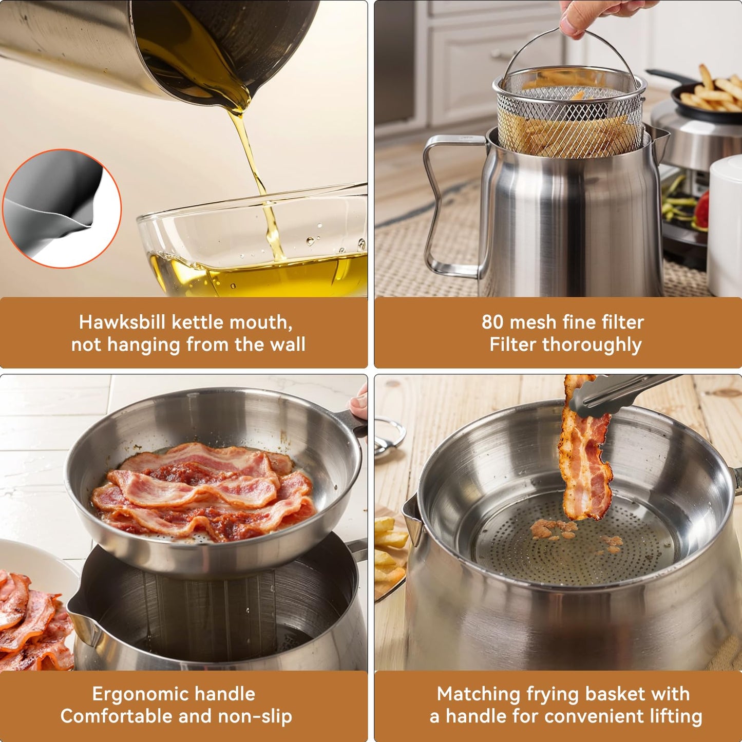 2L Oil Filter Pot Bacon Grease Saver with Strainer, 68oz Steel Pour Fryer Large Capacity Bacon Grease Container with Cooking Thermometer & 50 Wax Papers Stainless Steel for Kitchen Camping