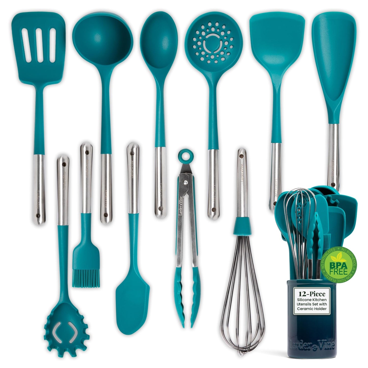 Larder & Vine 12-Piece Silicone Kitchen Cooking Utensils Set with Stainless Steel Handle and Ceramic Holder, Dishwasher Safe Set of Kitchen Essentials (Bondi)