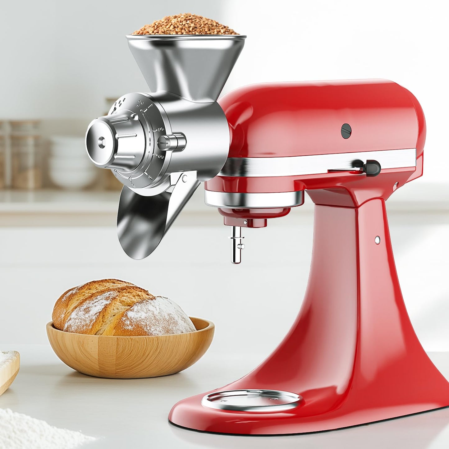 Grain Mill Attachment for Kitchenaid Stand Mixer, All Metal 9 Levels Flour Mill for Kitchenaid, Suitable for Fully Dried Low-Moisture, Low-Oil Grains, Grain Corn, Millet, Wheat and Cereals