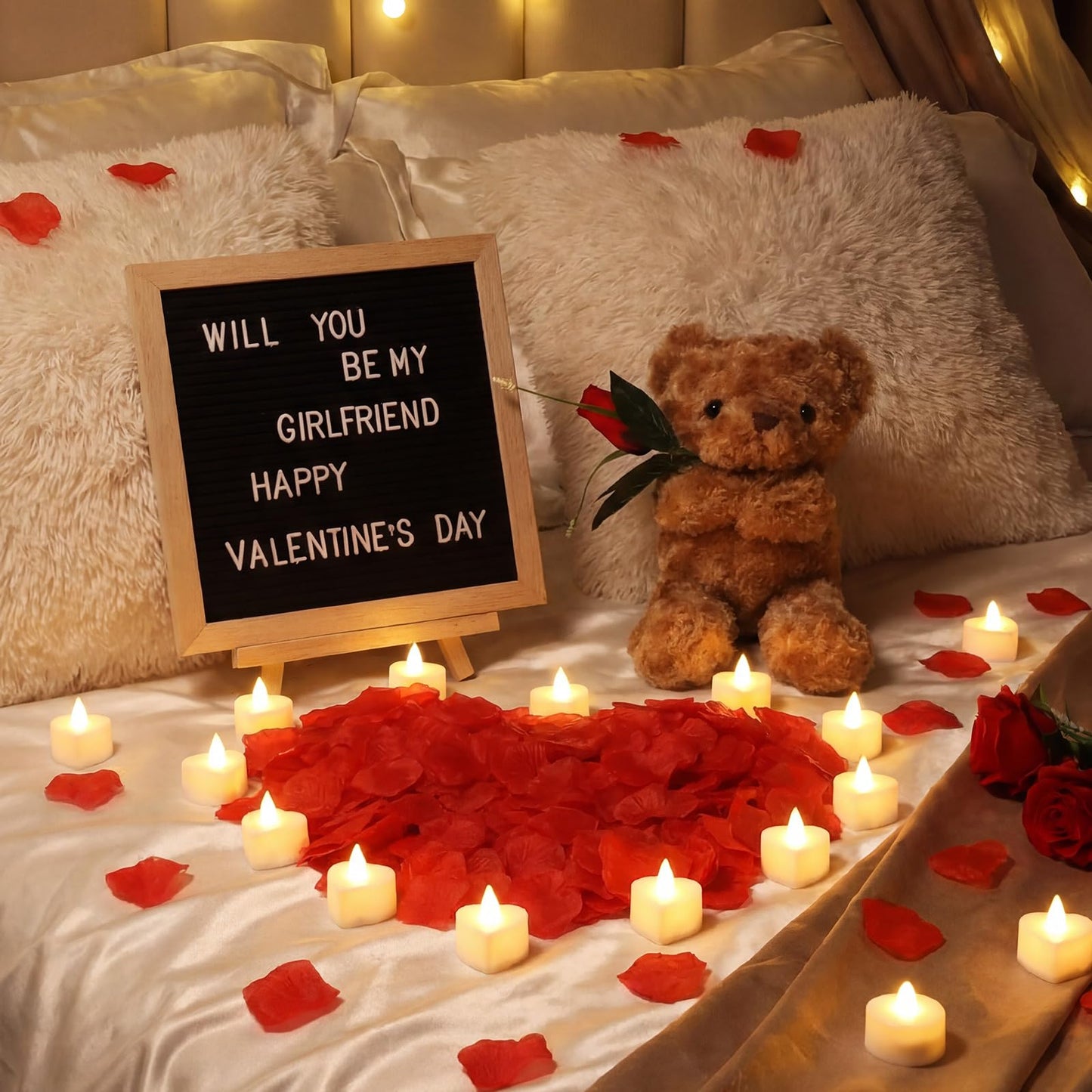 Ceenna Will You Be My Girlfriend Romantic Sign with LED Candles and Artificial Rose Petals, Bear Stuffed Animal Gift with Rose DIY Felt Letter Board Sign for Surprise(Red)