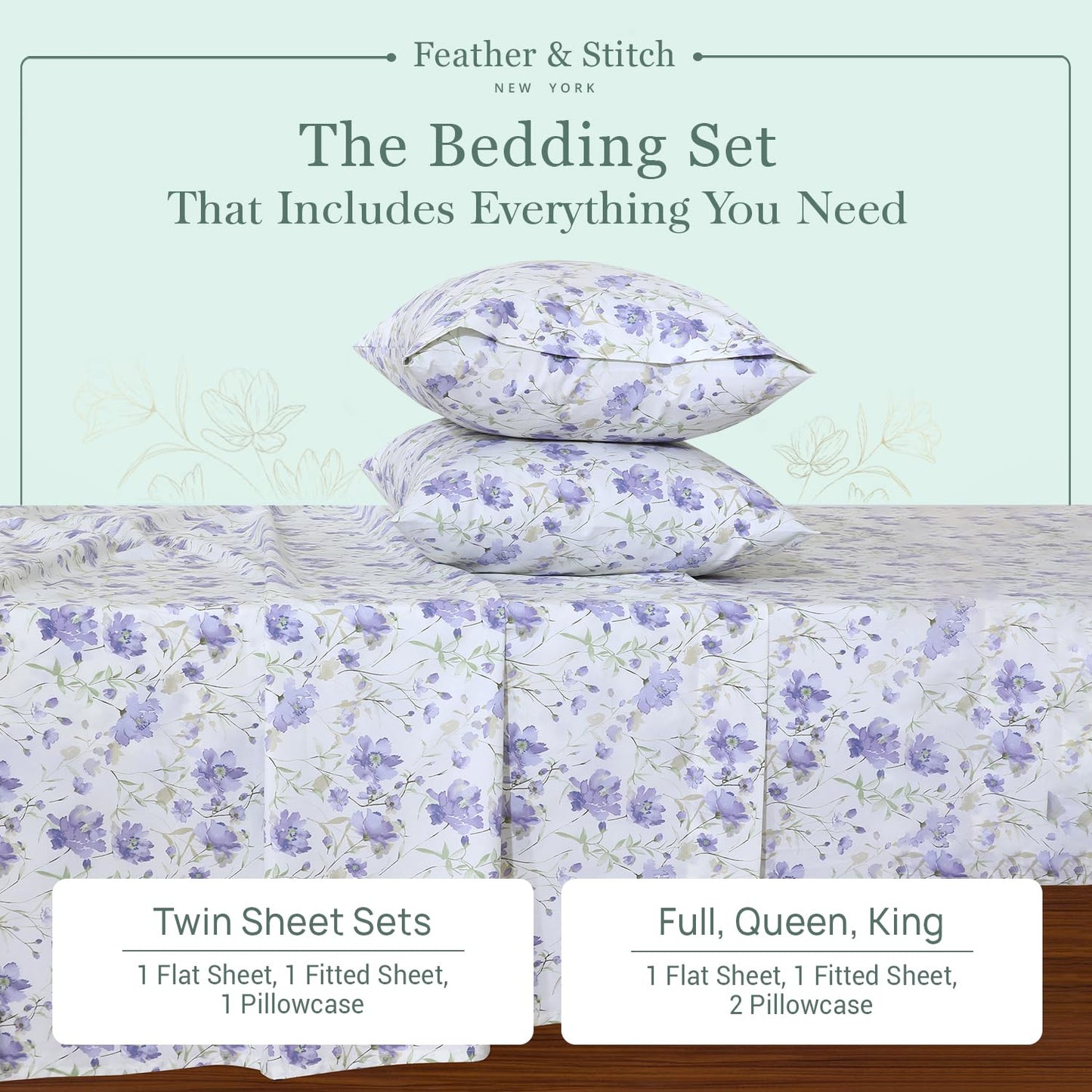 Feather & Stitch Softest 100% Cotton Sheets, 300 Thread Count Percale Weave Bedding, 16" Deep Pocket, Cooling Sheets, Breathable Bed Set, Hotel Premium Quality (Queen, Violet Breeze)