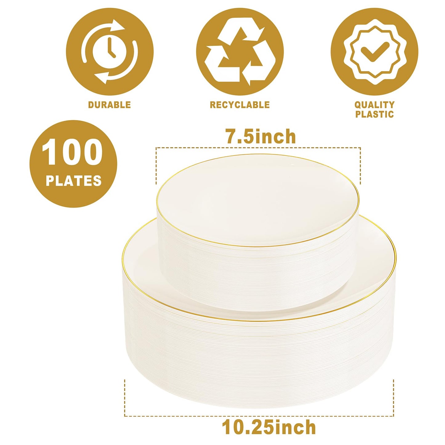 PULOTE 100PCS Ivory Plastic Plates - Cream Plastic Disposable Heavy Duty for Party & Wedding - Include 50 Each (Dinner & Dessert) Plates