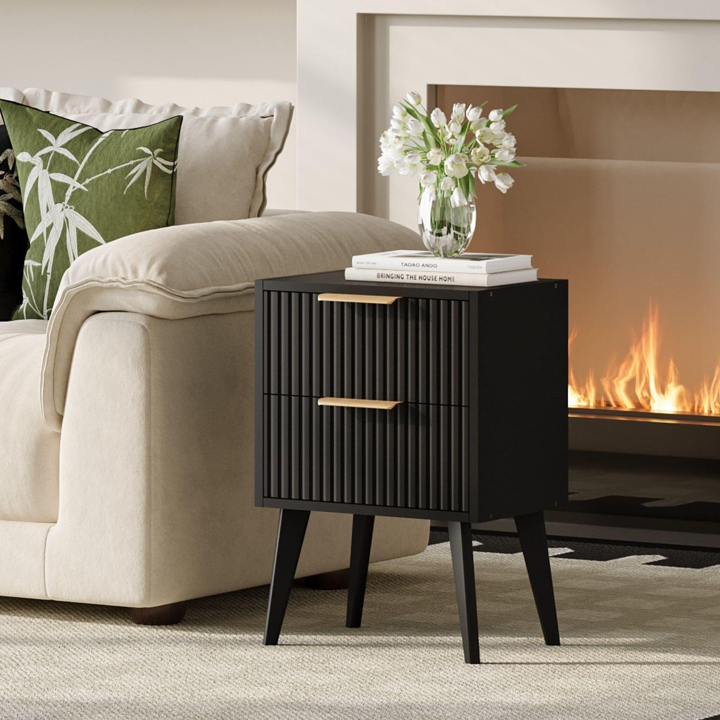 YAUKOMEL Black Nightstand,Mid Century Modern Bedside Table, Fluted Nightstand with 2 Drawers,Side Table with Wood Legs, End Table for Bedroom,Apartment,Dormitory,Small Space Black CTG55BK