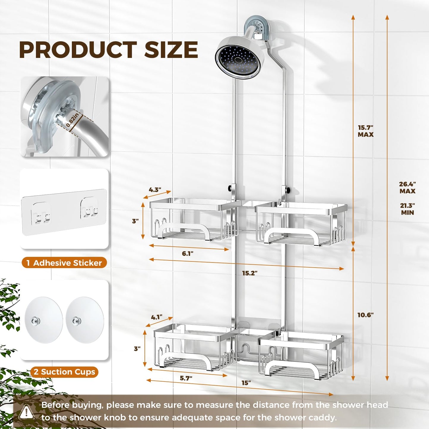 REINHARDT Adjustable Shower Caddy Hanging Split Shower Caddy for Handheld Showerheads, Rustproof Shower Organizer with Hooks for Razor Over the Head Caddy with Soap Holder Bathroom Accessories, Silver