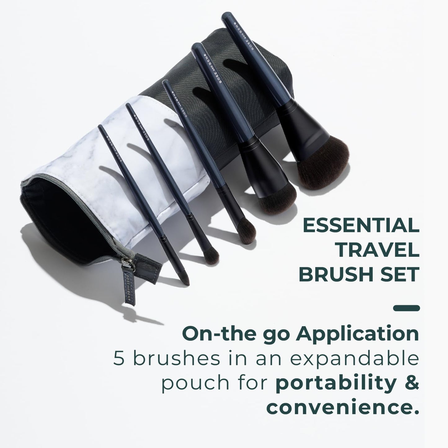 Rose and Ben Beauty Essential Travel 5 Piece Brush Set | Professional Blending Brush for Liquid & Cream Makeup | Cruelty Free
