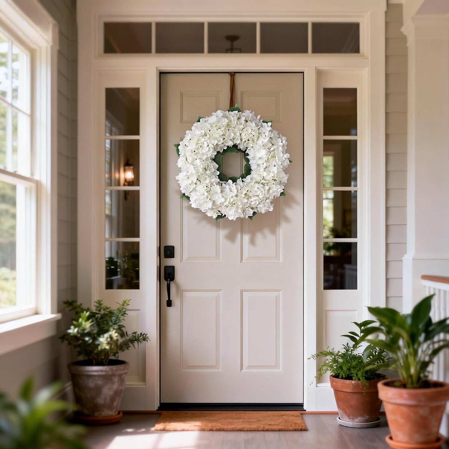 Artificial Hydrangea Wreath for Front Door, 21" Spring Summer White Flower Wreath, Faux Hydrangeas Leaves for Home Mantel Wall Farmhouse Decor