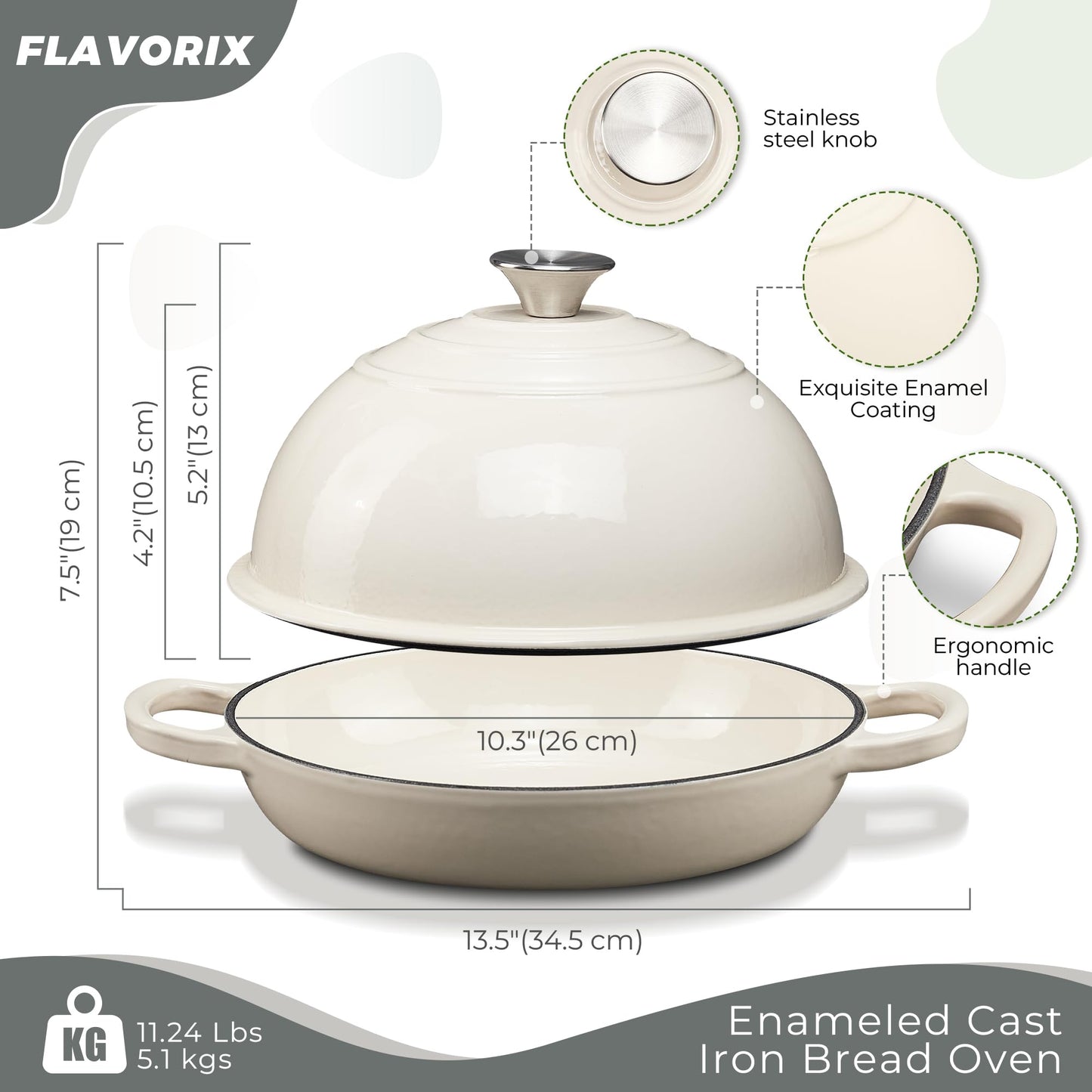 Cast Iron Bread Oven for Sourdough, 6Qt Bread Baking Pan with Lid, Enameled Sourdough Dutch Oven for Bread Baking, Oven Safe up to 482℉, White