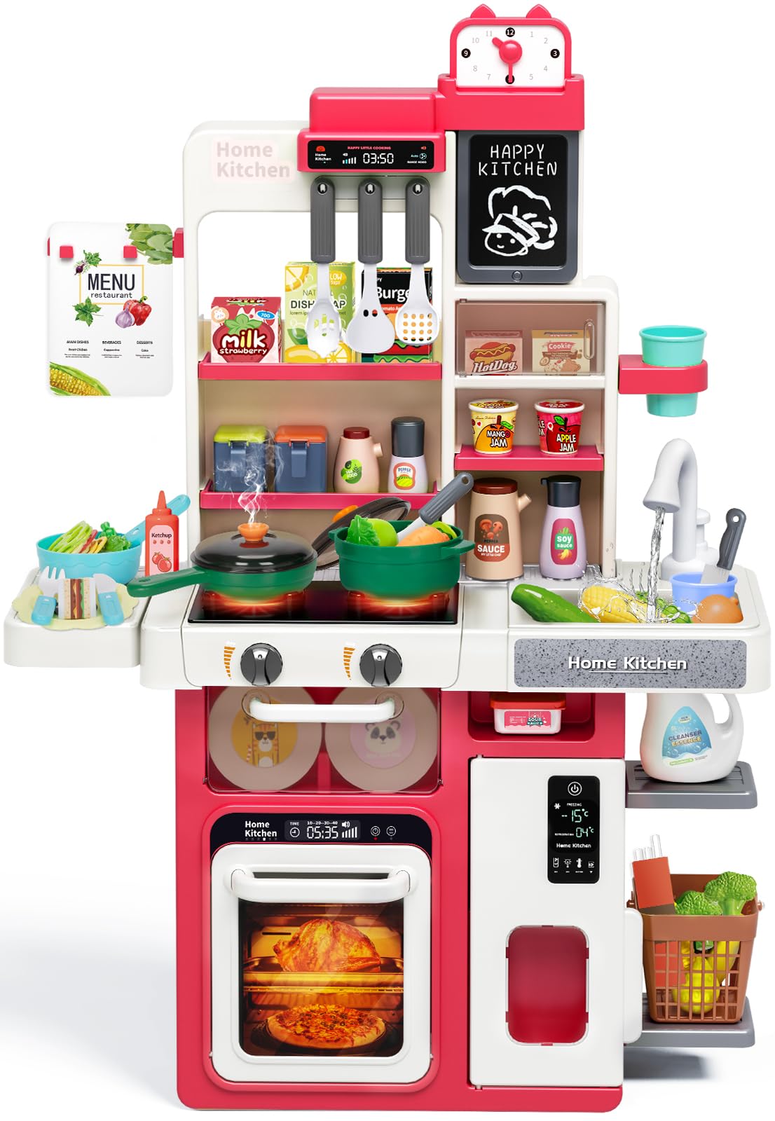 Red Kids Play Kitchen Set, Toddler Kitchen Playset with Sound & Light, Cooking Stove with Steam, Play Sink, Play Food Toy and Kitchen Accessories, Kitchen Toy for Kids Girls Boys - Red