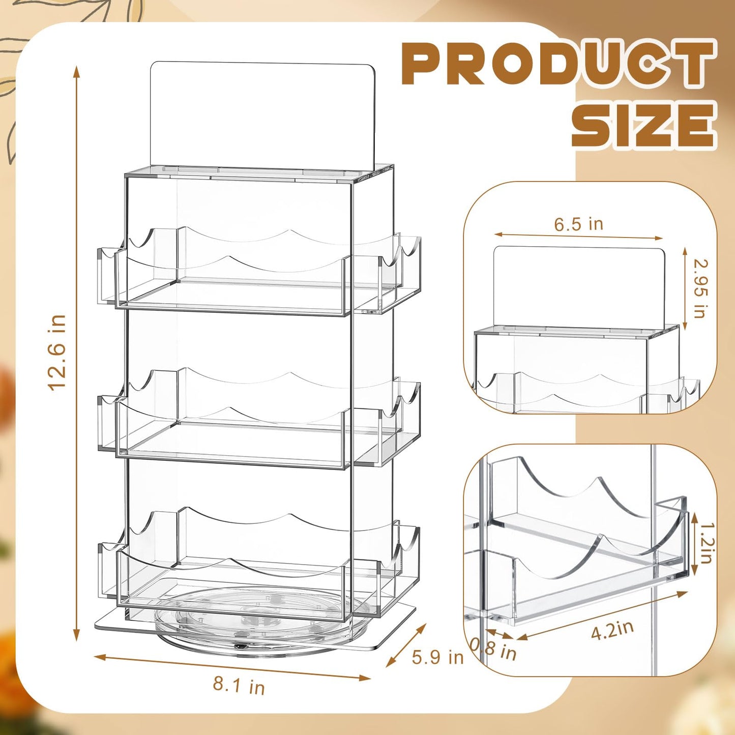Marsui Sticker Display Stand, 3 Tier Rotating 4 Sided Sticker Holder, 360° Rotating No Assembly Required Clear Acrylic for Bookmark, Stickers, Greeting Card for Vendors(12.6 x 8.07 x 5.9 Inches)