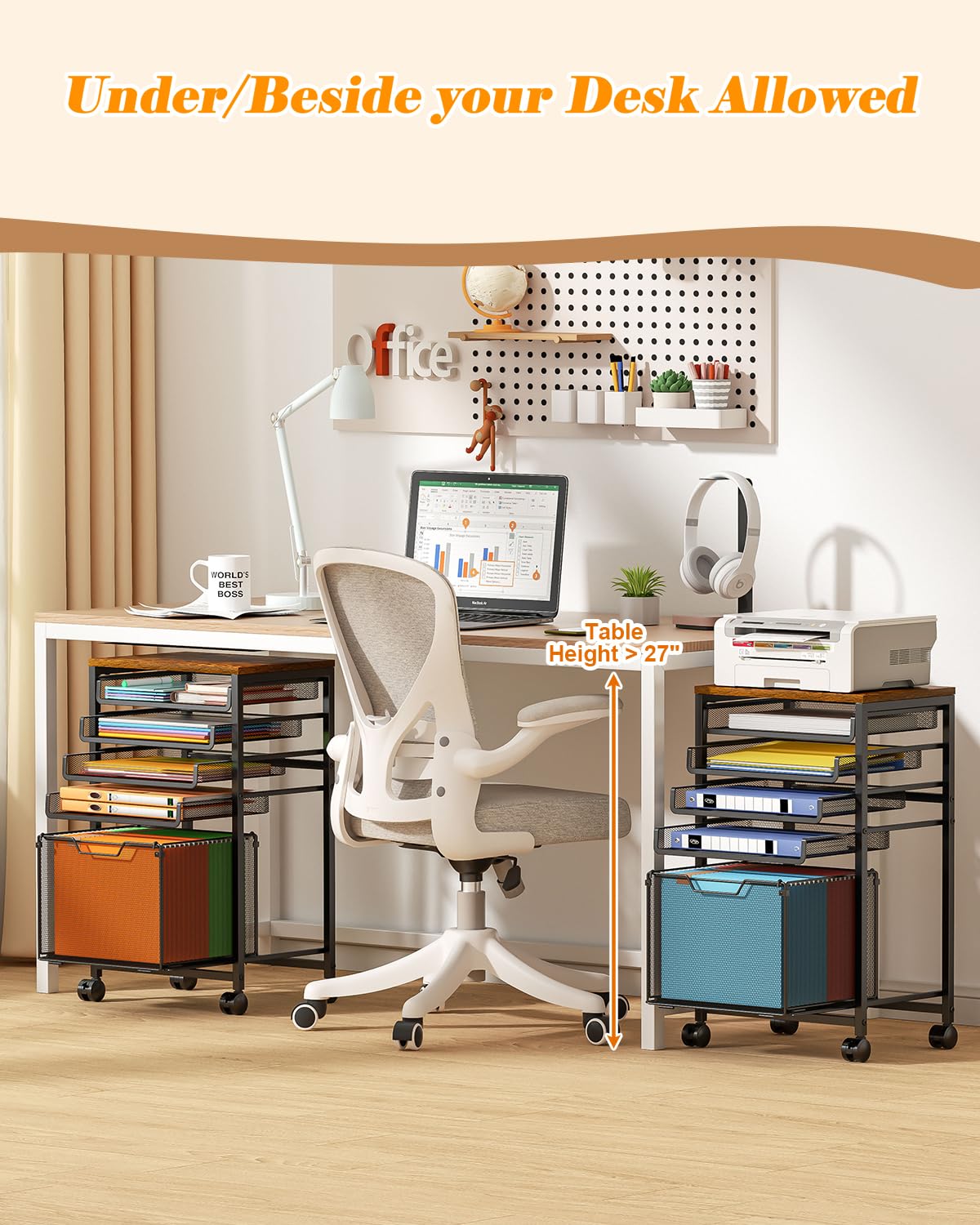 Rolling File Cart with Wheels, 5-Tier Under Desk Filing Cabinet for Letter-Size File Storage, Sliding Metal Mesh Trays & Printer Stand, Office Storage and Organization for Teachers, Home Office
