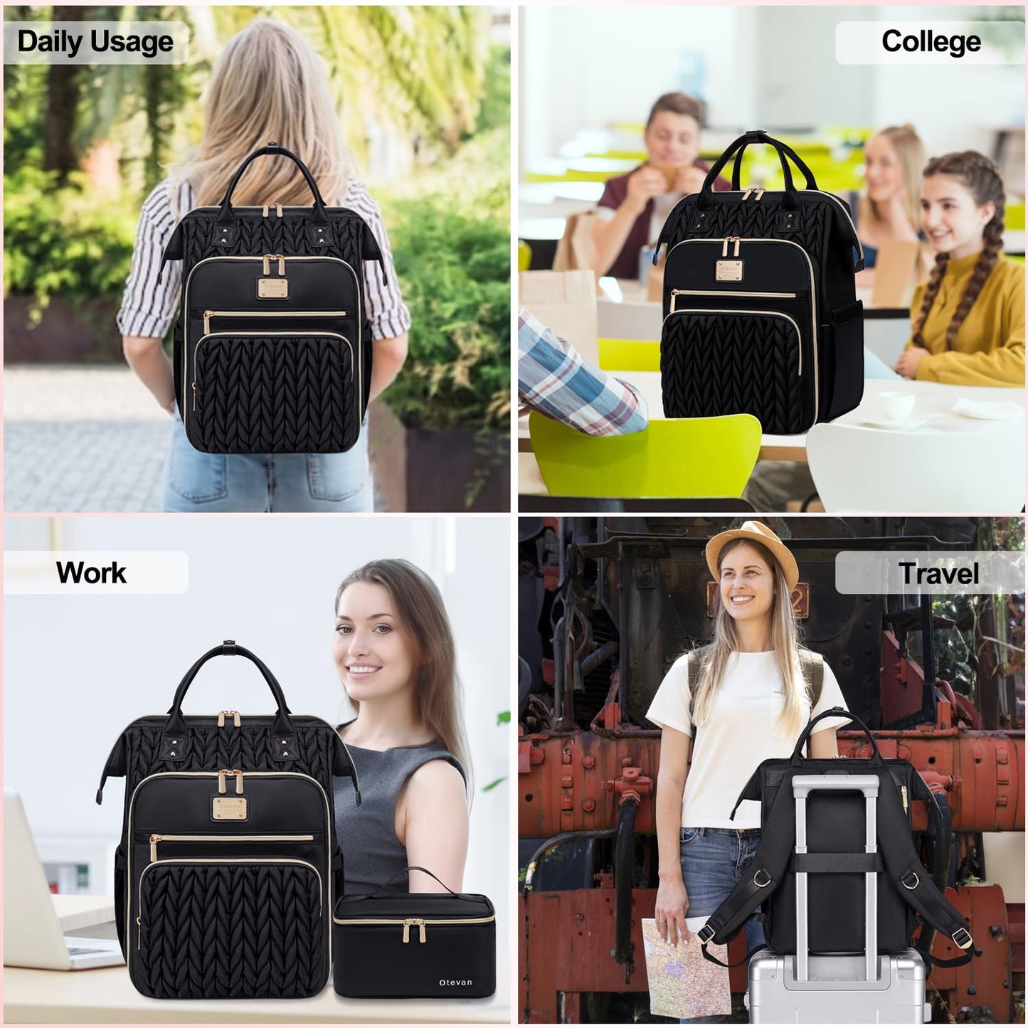 Otevan Lunch Backpack for Women,Work Backpack for Women, 15.6 inch Laptop Backpack with Lunch Bag,Teacher Nurse Insulated Lunchbox Backpack for Women, Black Upgrade, 24009