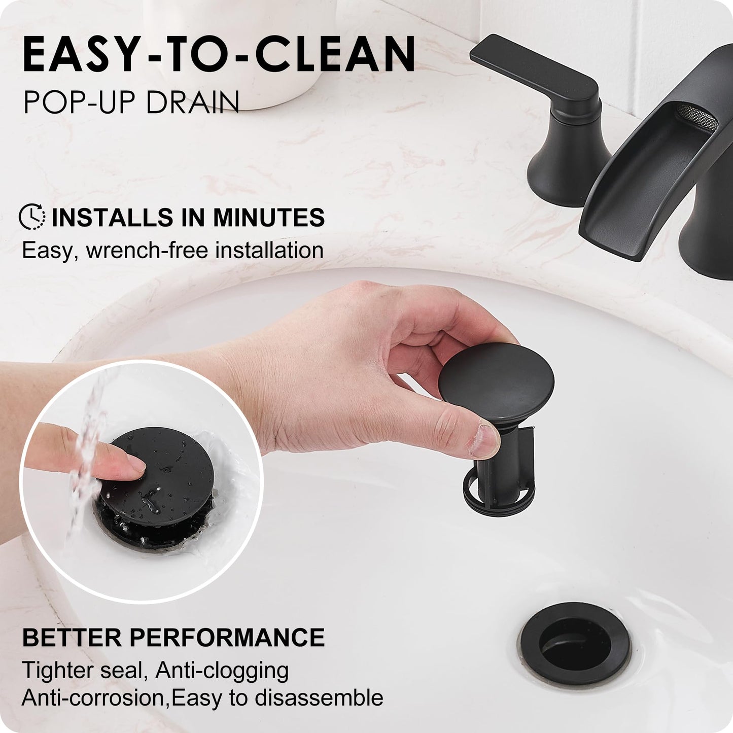 HOIGY Matte Black Widespread Bathroom Sink Faucet 3 Hole, 8 Inch Waterfall Faucet for Bathroom Sink with Pop-Up Drain and cUPC Supply Lines, 2 Handles for Vanity Lavatory Restroom, Brass Material