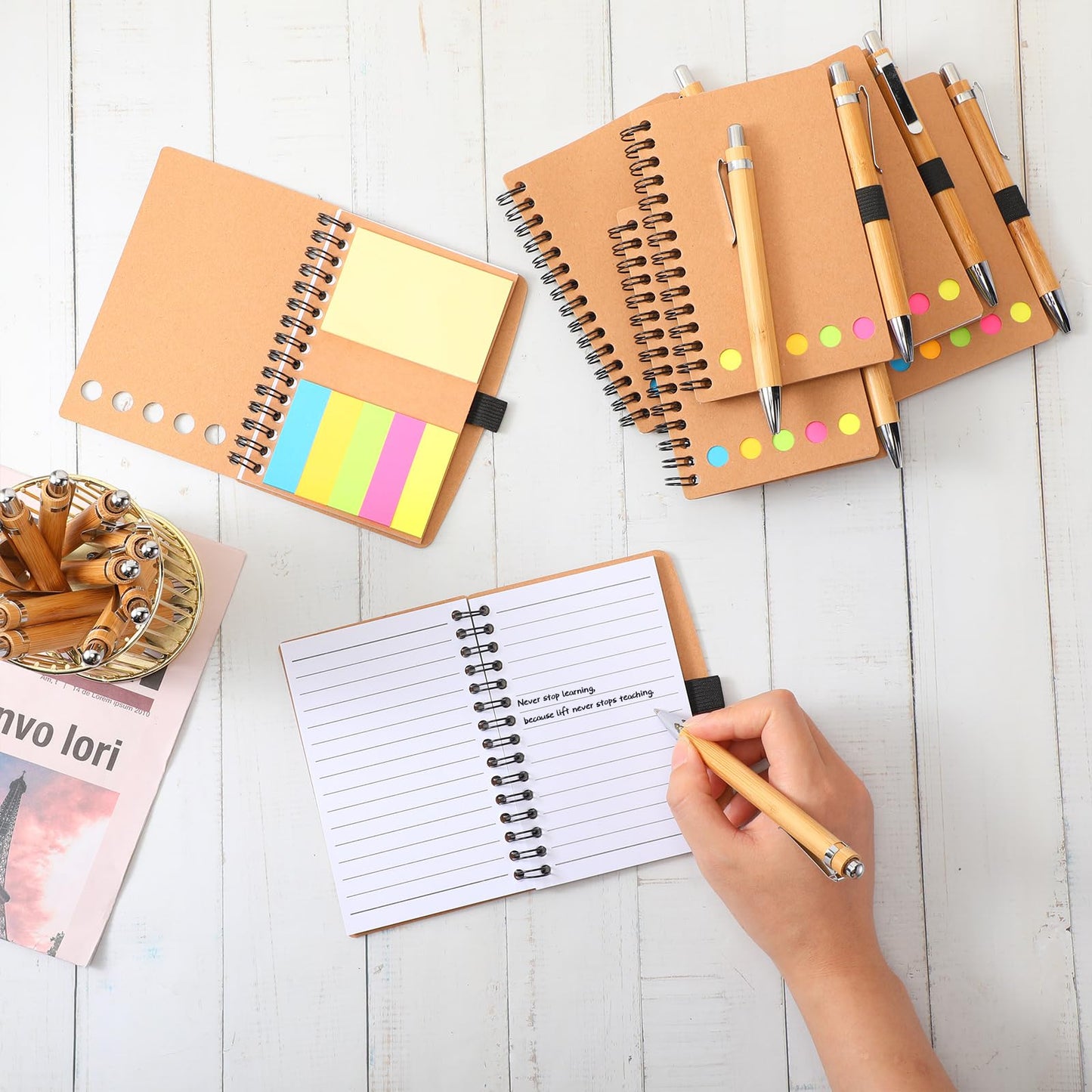 Chuangdi 30 Sets Lined Spiral Notebooks with Sticky Notes and Bamboo Pens, End of School Year Gifts for Office Teacher Staff, Kraft Notebook with Pen Bulk for Graduation Gift Back-to-school Supplies