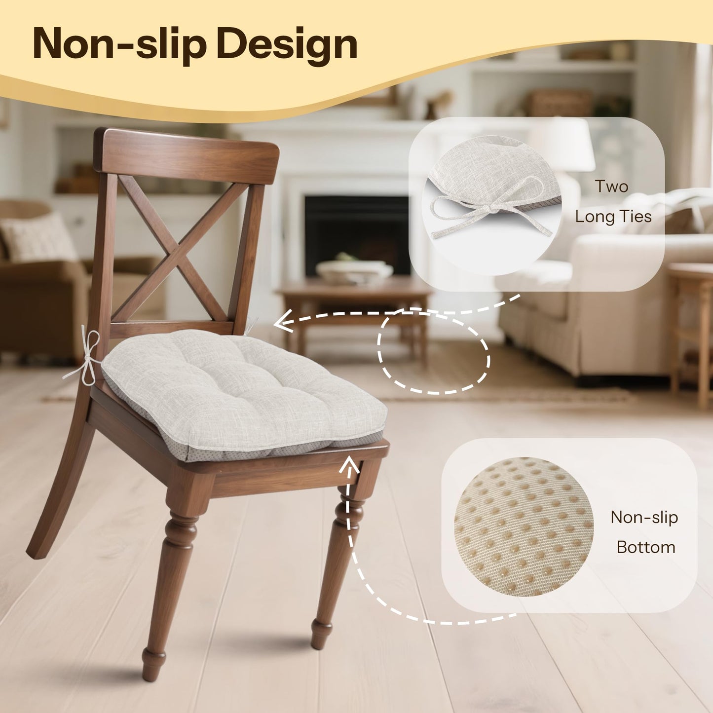 FlyGulls Non Slip Chair Cushions for Dining Chairs Set of 4 Kitchen Chair Cushions 18"x18"x3" Turfted Chair Pads Comfortable and Soft Seat Cushion with Ties, Ivory White