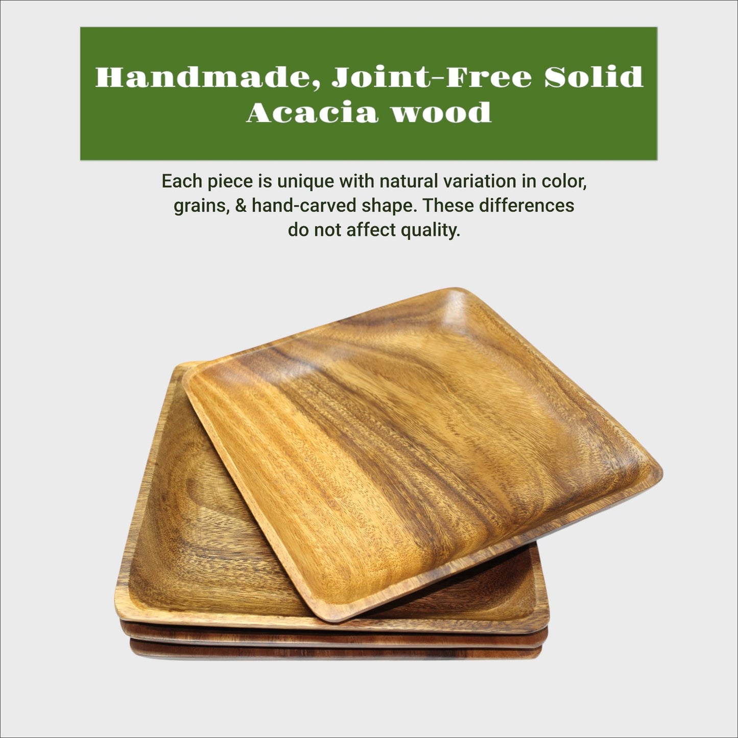 WRIGHTMART Acacia Wooden Plates – Set of 4, 10 Inch Square Rustic Wood Platters – for Food, Dining, BBQ Parties & Picnics, Durable, Handcrafted to Last, Joint Free, Continuous Beautiful Grains