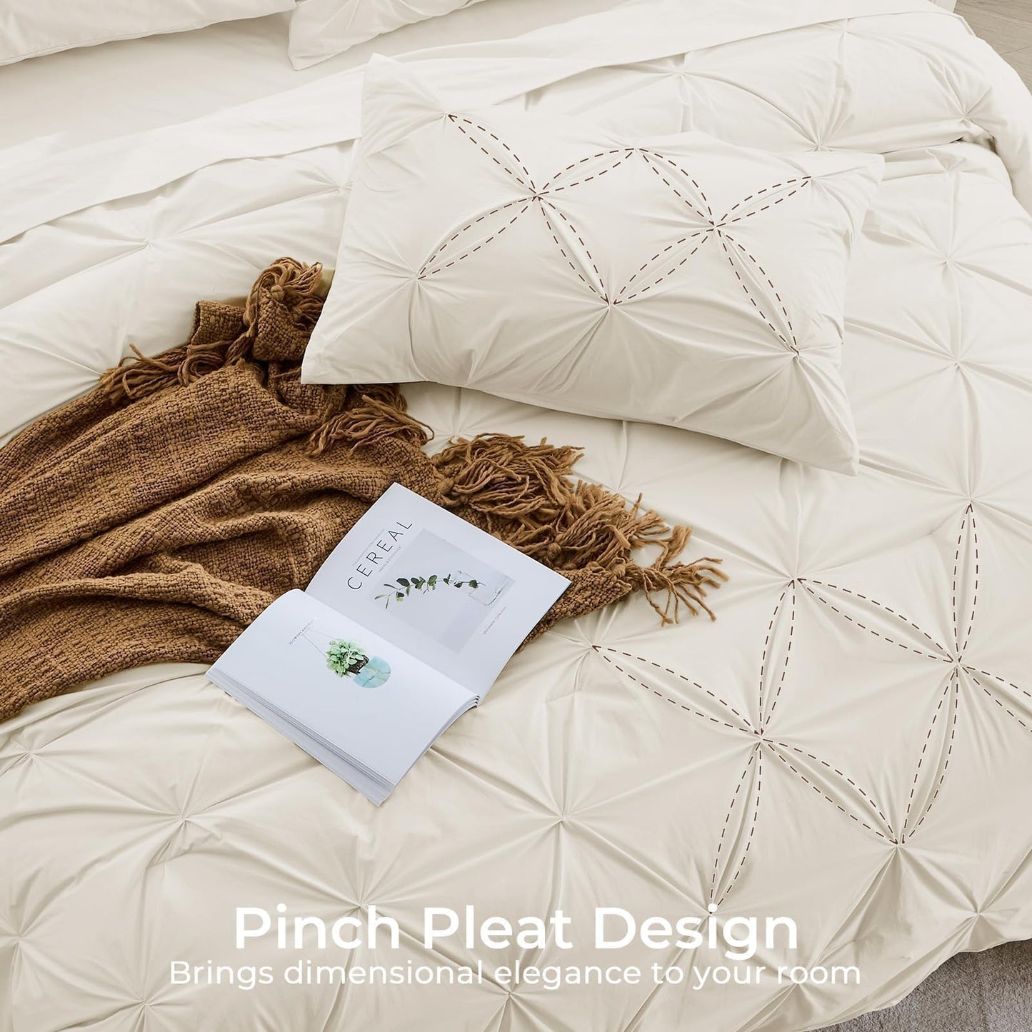 Sasttie King Size Comforter Set, 7-Piece Bed in a Bag, Pintuck Bedding Set for All Season, Includes Comforter, Flat Sheet, Fitted Sheet, Pillowcases and Pillowshams, Beige