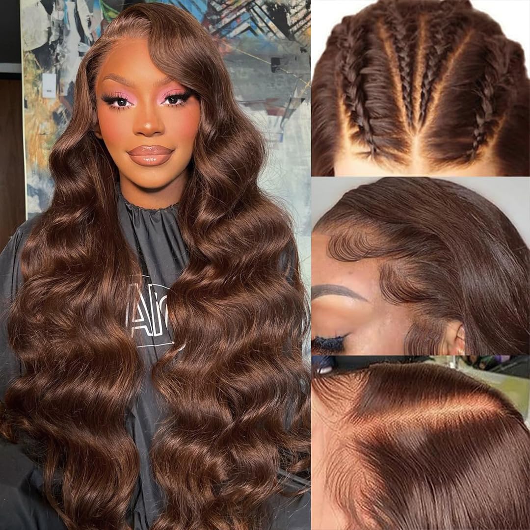 Kkioor Chocolate Brown Lace Front Wig Human Hair 13x4 Body Wave Lace Front Wigs for Women 180% Density Glueless Wigs Human Hair pre Plucked with Baby Hair 34 Inch