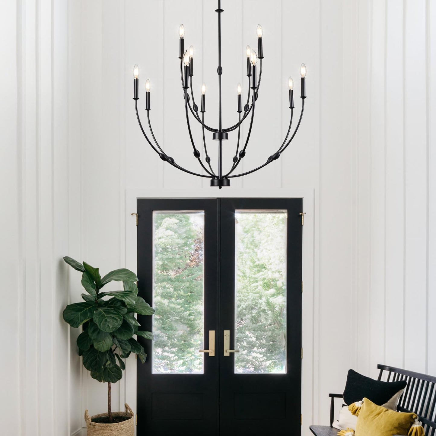 ACANER 12-Lights Black Farmhouse Chandelier for Living Room, 35 Inch 2-Tiers Large Chandeliers for High Ceilings, Modern Rustic Candle Chandelier for Foyer Entryway