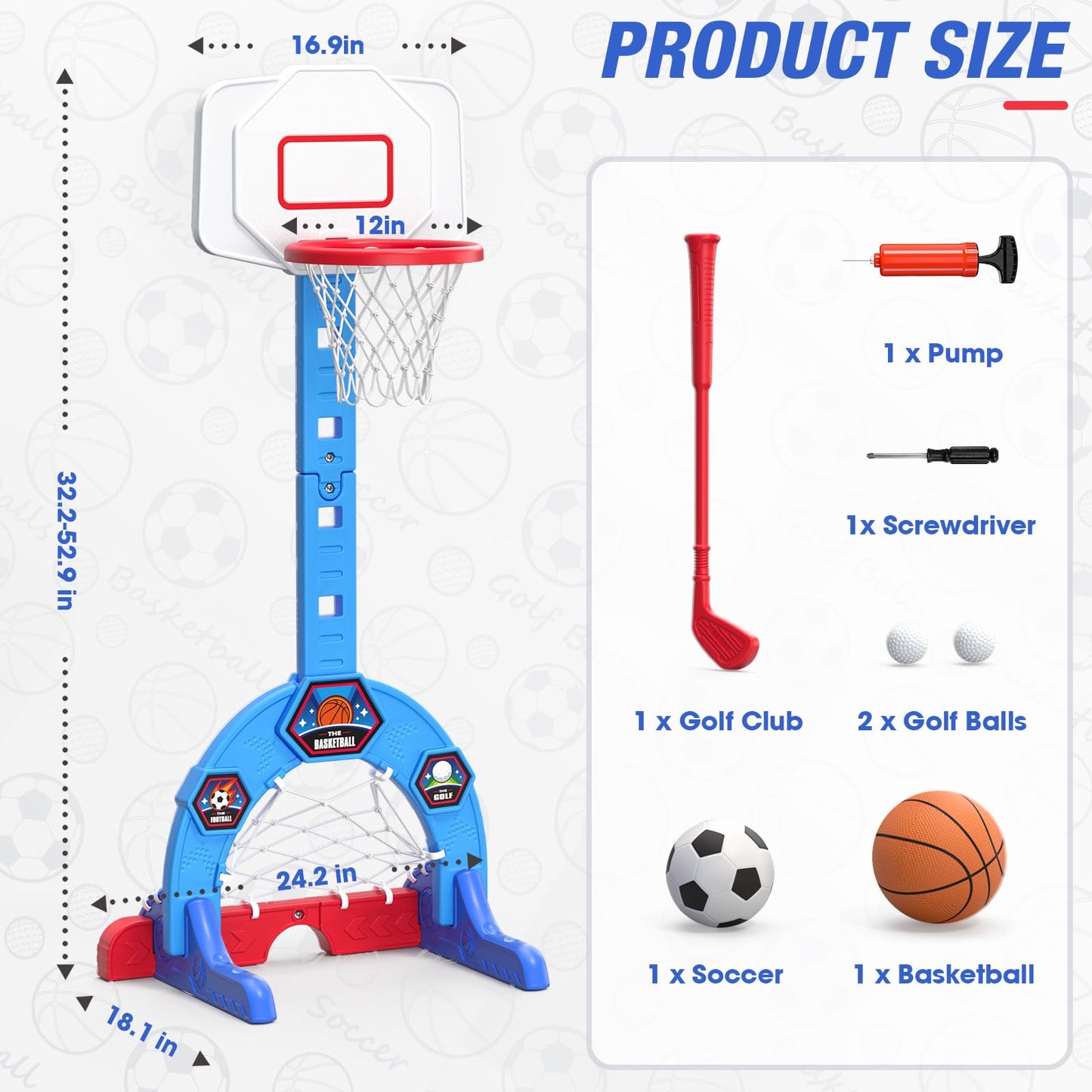 HYES Toddler Basketball Hoop, 3-in-1 Sports Activity Center with Soccer Goal, Golf Game, 5 Height Adjustable Kids Basketball Hoop, Indoor Outdoor Playset Toys Gifts for Boys Girls 3-5, Blue