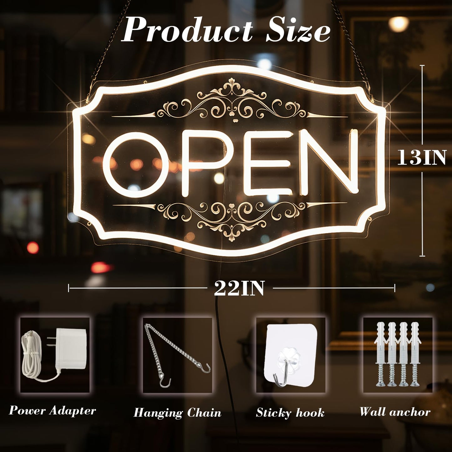 22" x 13" Open Sign for Business, LED Dimmable Neon Open Sign with 12V/2A Adapter, Warm White, Bright LED to Light Up Storefronts, Windows & Walls