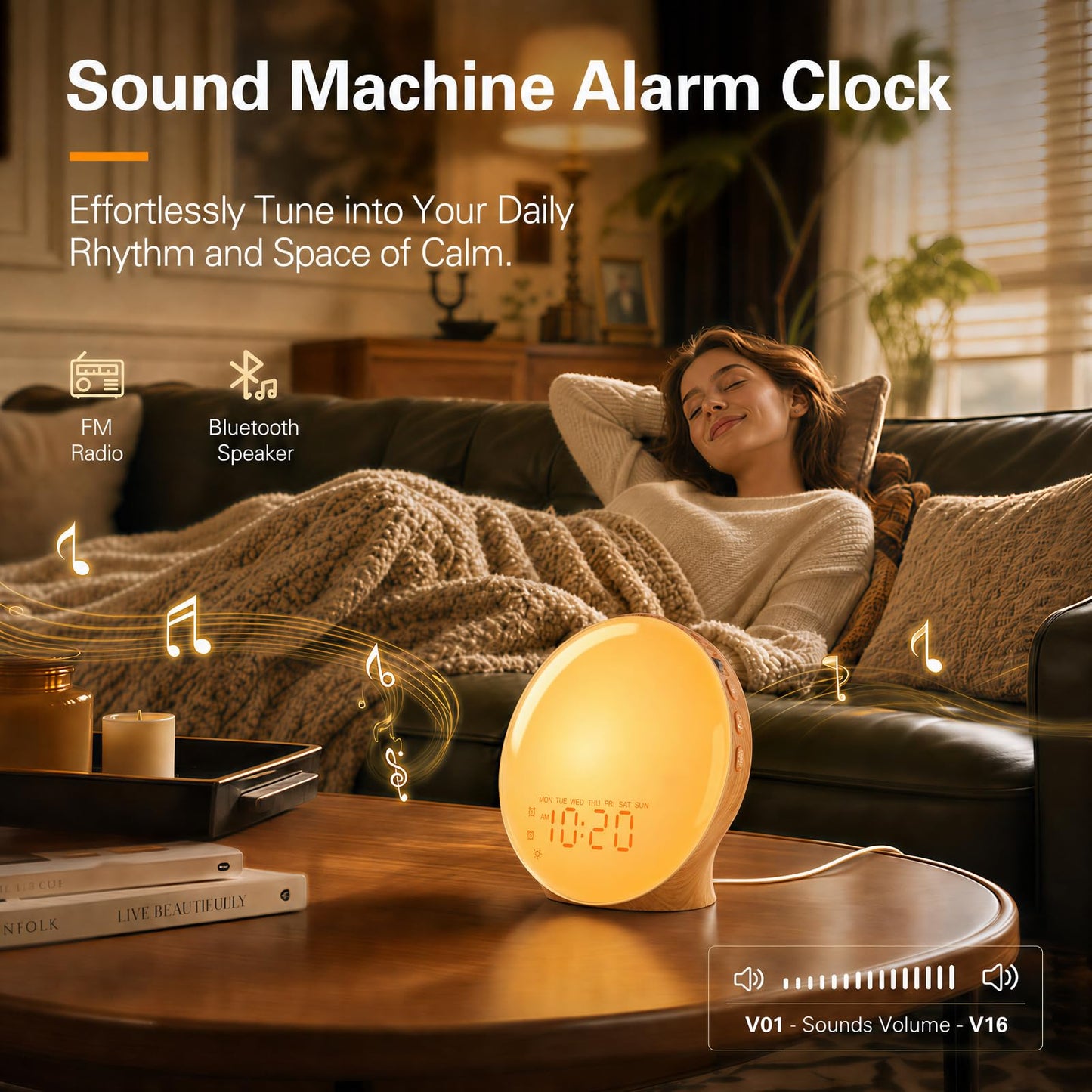 JALL Full-Screen Wake Up Light Sunrise Alarm Clocks for Bedrooms, White Noise Machine for Heavy Sleepers & Kids, 25 Natural Sounds, Dual Alarms, FM Radio, 17 Dimmable Colors, Bluetooth Speaker