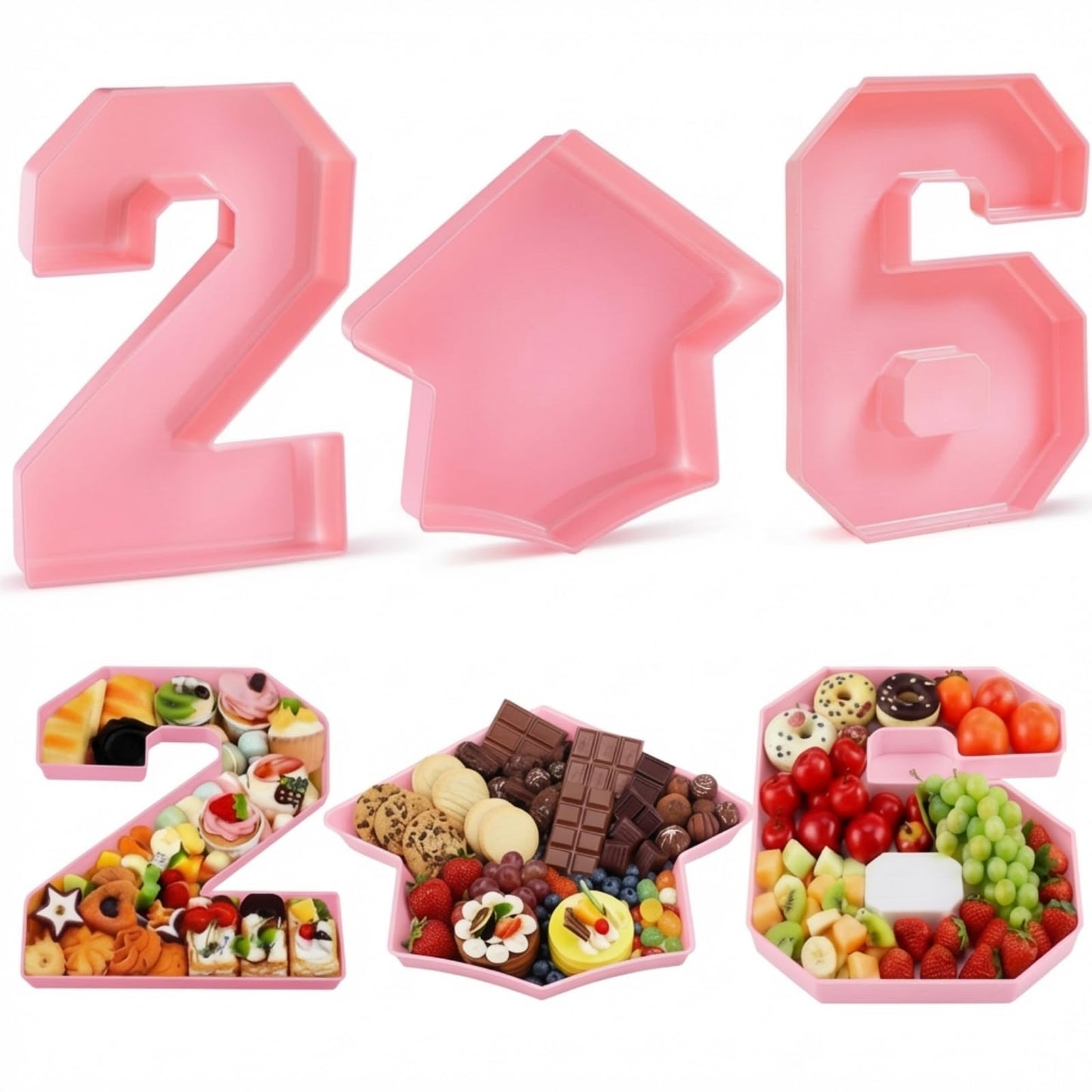 Tellingyou 3 Pcs 13.7" 2026 Graduation Fillable Letter, Plastic Number Trays for Food 2026, Charcuterie Number, Grad Fillable Letter for Class of Congrats Grad Party Supplies(2026,Light Pink)