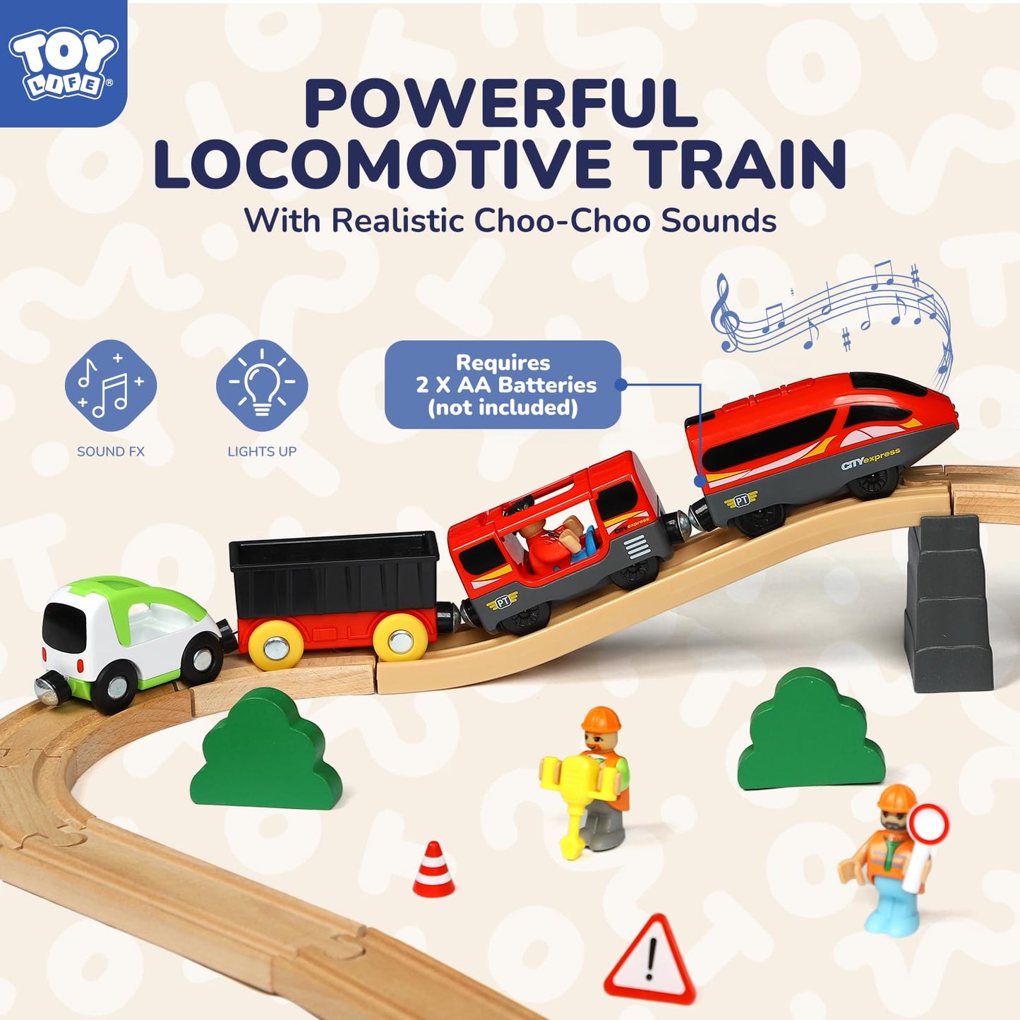 TOY Life Train Set 80pcs with Crane & Locomotive Train Toy, Wooden Train Tracks Toys for Toddlers Boys Girls 3 4 5, Wood Toys Gift Toddler Train for Kids 4-8 - Fits Thomas Brio Chuggington
