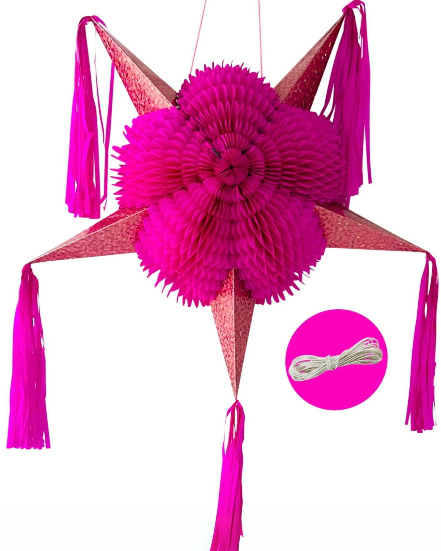 Mexican Star Pinata (32"), Hot Pink Piñata with Rose Gold Cones and 30 ft Rope - Large Pinata for Baby/Bridal Shower, Quinceañera, Glamorous Pink Party Decoration