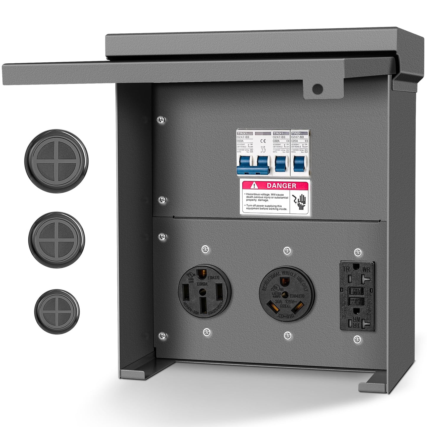 Perpending Temporary Power Outlet Panel,Rv Electrical Panel,50 30 20 amp rv Power Outlet Box,Prewired Unmetered, Weatherproof, for RV Camper Travel Trailer Motorhome