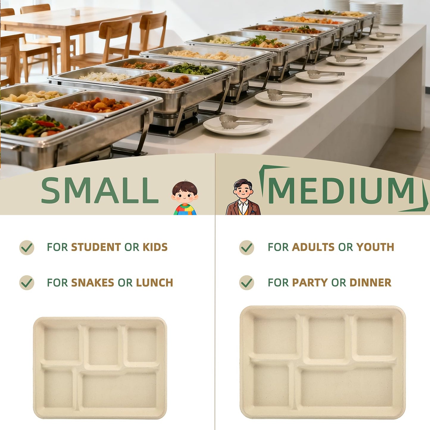 WELLIFE 100% Compostable 5 Compartment Paper Plates, 100 Pack Disposable School Lunch Trays Divided Plates for Adult Youth, 12.5 * 8.6 inch Heavy Duty Eco-Friendly Bagasse Plate for Buffet and Party