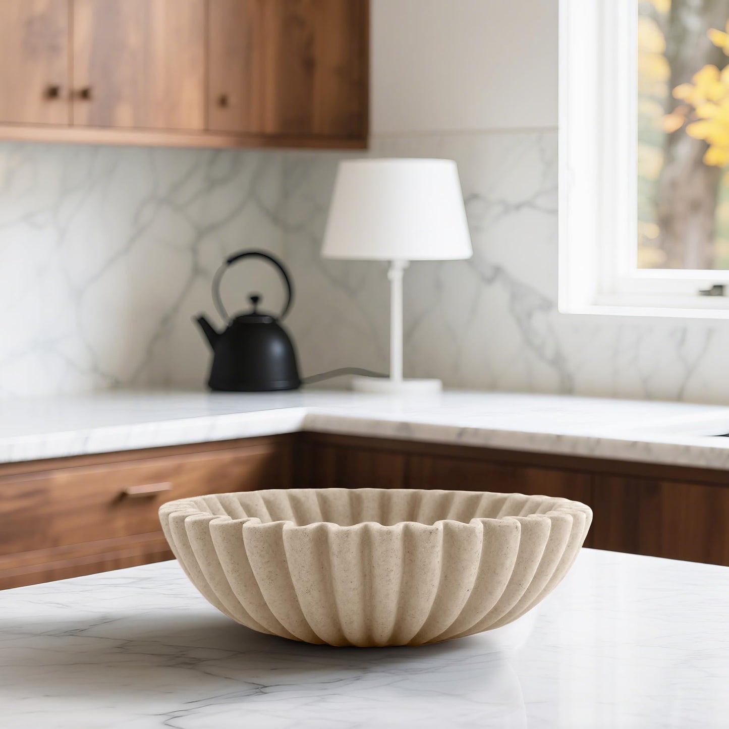Plukers 10'' Scalloped Decorative Key Bowl for Entryway Coffee Table - Catchall Trinket Large Candy Fruit Purse Holder Kitchen Countertop Console Modern Home Decor, Artificial Stone Beige