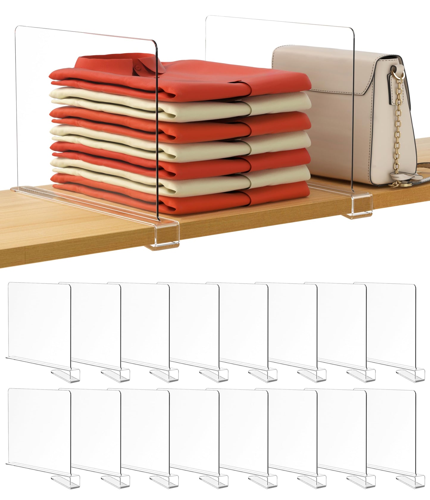 HBlife 16 Pack Clear Shelf Dividers, Vertical Purse Organizer for Closet Perfect for Sweater, Shirts, Handbags in Bedroom and Kitchen, Adjustable Acrylic Bookshelf for Organization