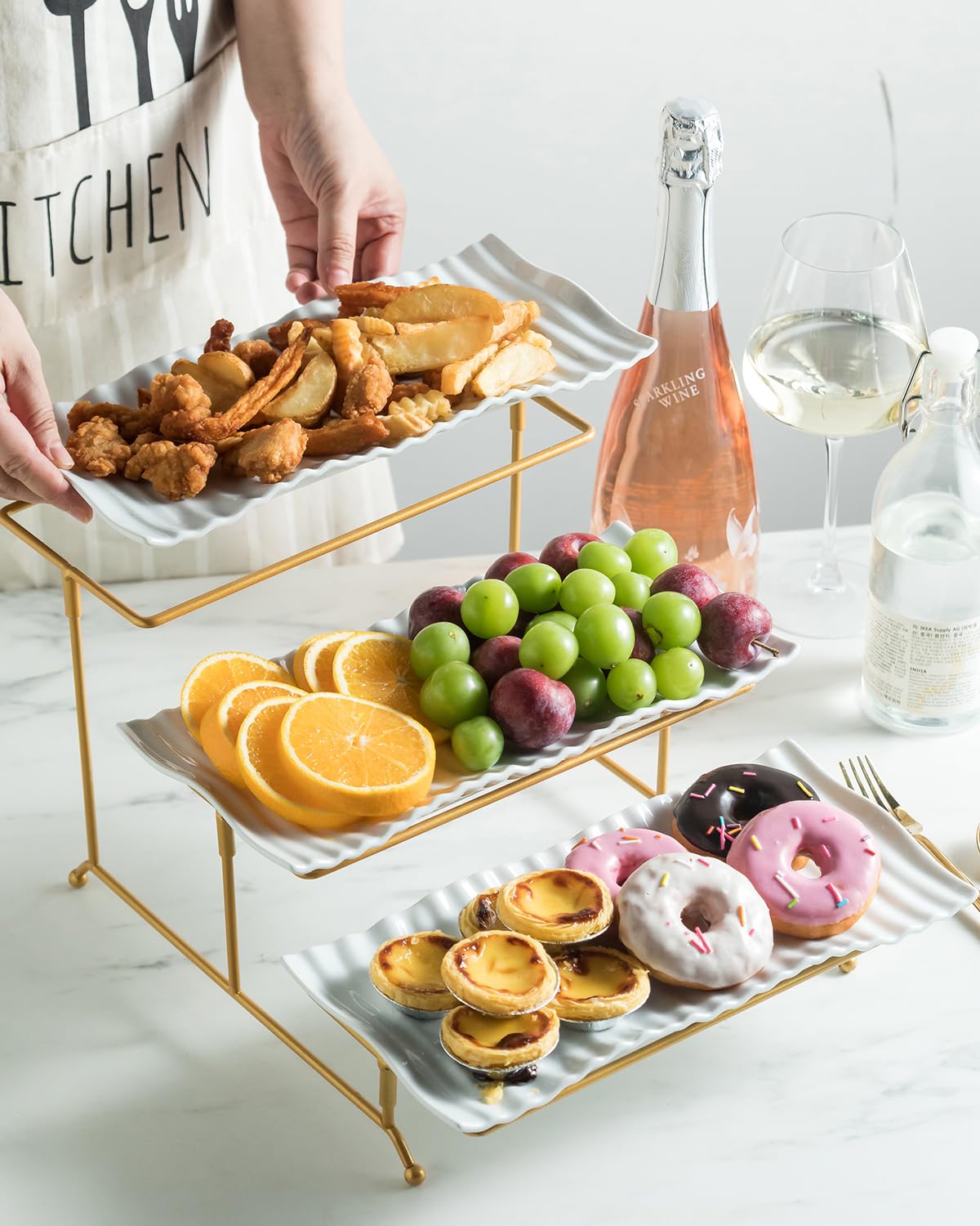LAUCHUH 3 Tier Trays Stand, Porcelain Serving Trays Collapsible Sturdier Stand Serving Platters Dessert Table Display Set for Indoor Father's Day Party, Entertaining, Gold, 12.2 Inch